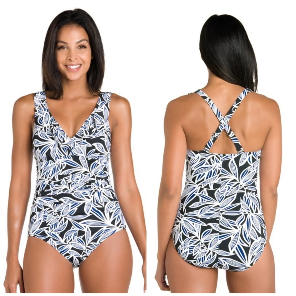 Caribbean Joe Bimini Road Bahama Palm V Neck Riffle One Piece Swimsuit Size 10